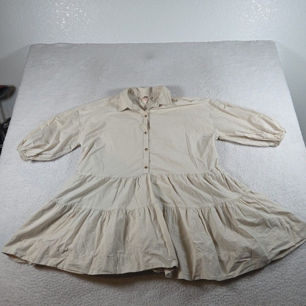 Free People Mini Dress Size XS Boho Coquette Pockets Flare Button Up Beige‎